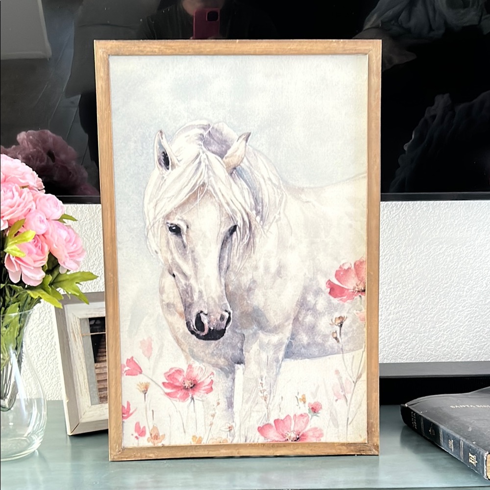 Watercolor Horse Art with Pink Flowers